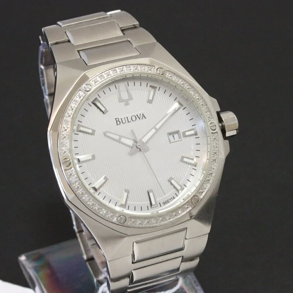 Bulova Men's Watch Diamond-Accent Bezel Integrated Bracelet Silver Textured Dial - Picture 2 of 15
